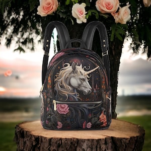 Sac à dos Gothic Unicorn, Dark Cottagecore Black Gothic floral Mini sac à dos, Whimsical witchy Vegan cuir PU Sac à dos, sac de rentrée