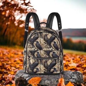 Sac à dos en cuir végétalien noir Gothich Raven, élégant petit sac à dos écologique Goblinecore pour femmes, sac d’accessoires de mode forêt verte