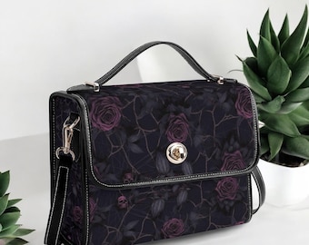 Goth Purple Velvet Rose Purse: Vegan Leather Crossbody Bag
