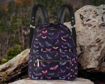Mini Purple Black Bat Print Backpack Bag Halloween Goth - Etsy display picture 1