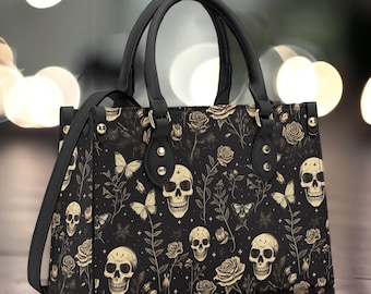 Gold Skull and Roses PU Leather Tote Bag, Goth Witch Trendy Fashion Handbag, Dark academia Vegan Leather Handbag Gift, Boho Crossbody Bag