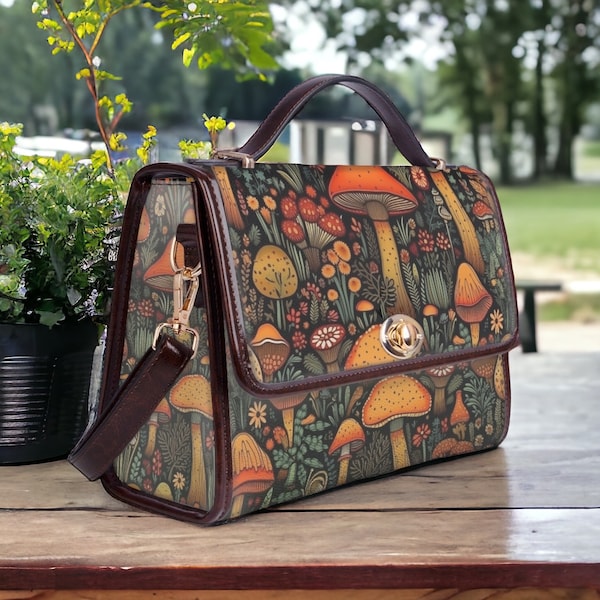 Cottagecore witch Leather Satchel bag, Cute muhsroom witchy crossed body purse, Goblincore Dark Forest Bag, Witchy Mushroom Bag Gift