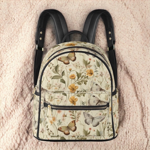 Beige Boho Butterfly Vegan Leather Backpack, Boho Cottagecore Day