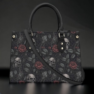 Gothic PU Leather Tote Bag, Dark Roses and skull Trendy Fashion Handbag, Dark academia Vegan Leather Handbag Gift, Black Rose Purse