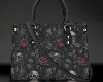 Gothic PU Leather Tote Bag, Dark Roses and skull Trendy Fashion Handbag, Dark academia Vegan Leather Handbag Gift, Black Rose Purse