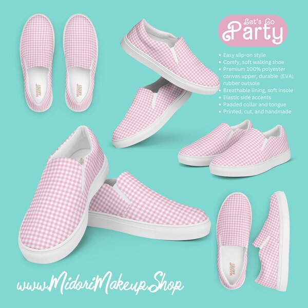 Pink Gingham Shoe Y2k 90s 50s Checker Retro Matte Rose Gold White Cruise Costume Lets Go Party Waitress Walking slip-on canvas boat shoes