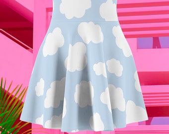 Blue Sky Clouds Kawaii Skater Skirt Mid Mod Mini Flared 90s 70s Retro Y2K Harajuku Group Costume Cosplay Cloudy Skies High Waisted BFF Gift
