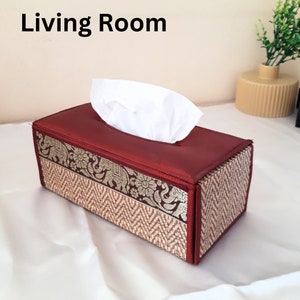 Rectangular reed woven tissue box cover handcraft foldable