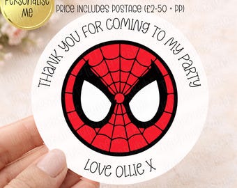 Spider Themed, Birthday Stickers, Party, Thanks For Coming, Personalised, Red, Web