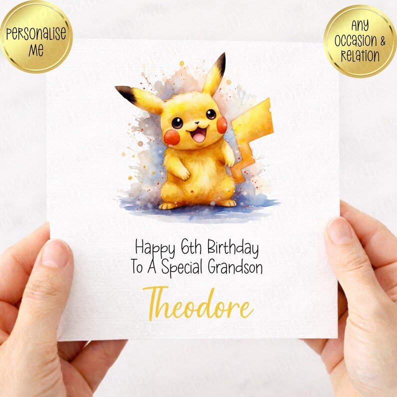 Poke Themed Birthday Card, Personalised, Yellow, Son, Brother, Grandson image 2