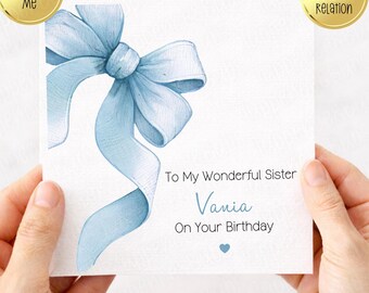 Blue Themed Bow, Birthday Card, Personalised, For Her, Daughter, Sister, Granddaughter, Niece, Goddaughter