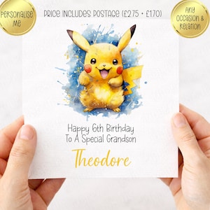Poke Themed Birthday Card, Personalised, Yellow, Son, Brother, Grandson image 1