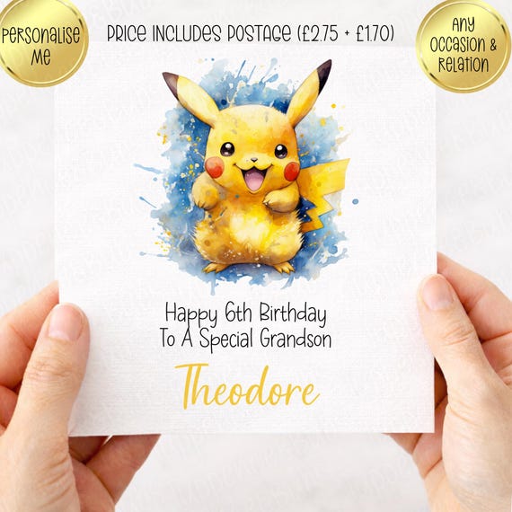 Poke Themed Birthday Card, Personalised, Yellow, Son, Brother, Grandson
