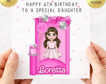 Toddler Box Doll Themed Birthday Card, Personalised, Daughter, Sister, Friend, Pink