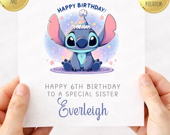 Personalised Birthday Card| Stitch| Angel| For Her| Daughter| Niece| Sister| Granddaughter| Friend