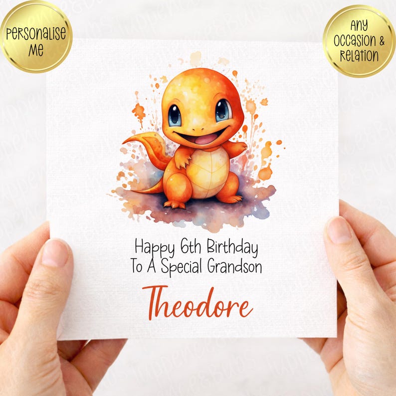 Poke Themed Birthday Card, Personalised, Yellow, Son, Brother, Grandson image 4