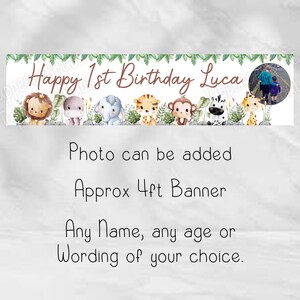May include: A green and white banner featuring jungle animals and the text "Happy 1st Birthday Luca". The banner is approximately 1.2 metres long and can be personalised with any name, age, or wording.