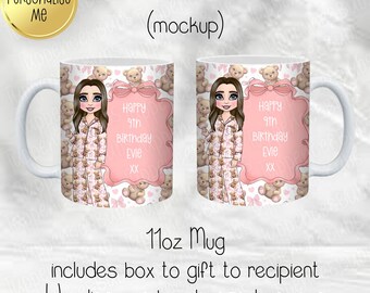 May include: White 11oz mug featuring a cartoon illustration of a girl in pajamas, surrounded by teddy bears. The mug has a pink banner that reads "Happy 9th Birthday Evie XX". The mug includes a gift box and customizable wording.