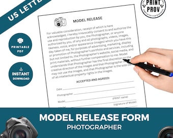 Printable * Photography Model Release Form – write-in permission, promote business, instant download for Photographers, US letter size PDF