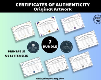 BUNDLE - Printable * Certificates of Authenticity for Original Artwork - US Letter Size – for artists, write-in templates, instant download