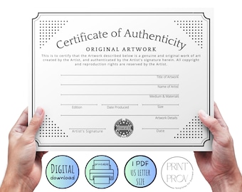 Printable * Certificate of Authenticity for Original Artwork - US Letter Size – dots, write-in template, instant digital download (COA50623)