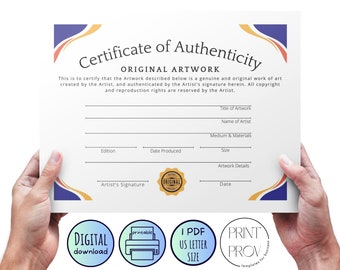 Printable * Certificate of Authenticity for Original Artwork - US Letter Size – write-in template, instant download, blue wavy (COA30623)