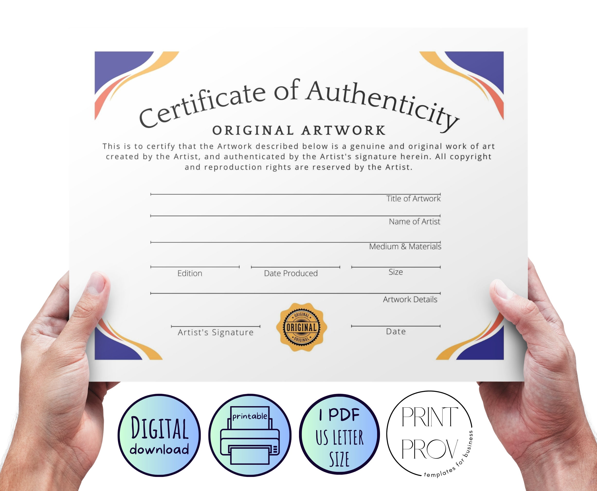 Printable Certificate of Authenticity for Original Artwork US Letter