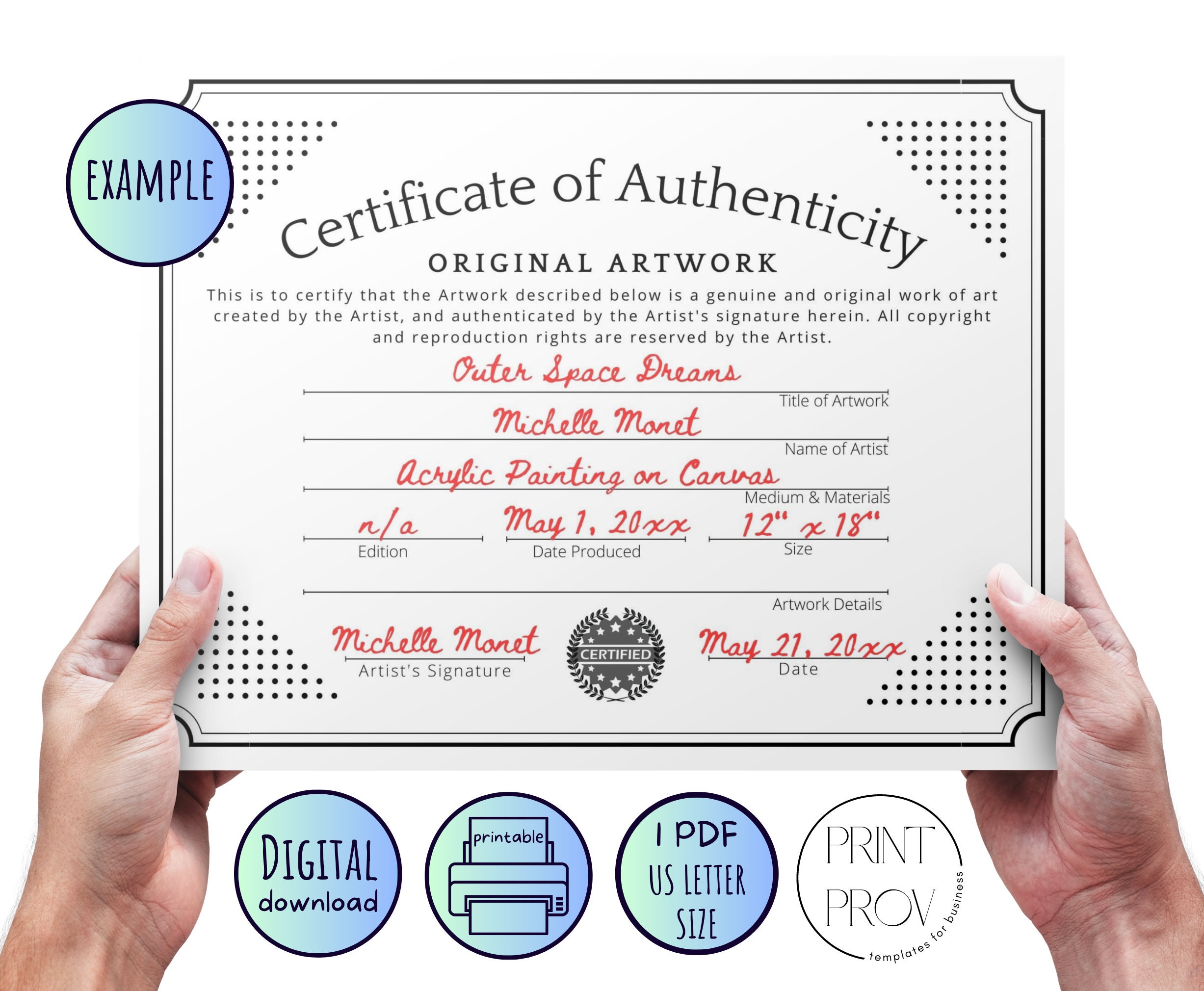 Printable * Certificate of Authenticity for Original Artwork - US ...