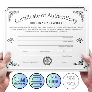 Imprimible * Certificado de autenticidad de la obra de arte original, tamaño carta de EE. UU., plantilla para escribir, descarga instantánea, negro (COA42306)