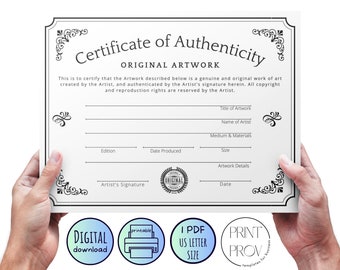 Printable * Certificate of Authenticity for Original Artwork - US Letter Size – write-in template, instant download, black (COA42306)