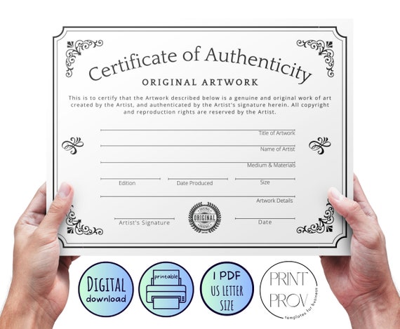 Printable * Certificate of Authenticity for Original Artwork - US