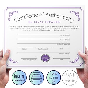 Printable * Certificate of Authenticity for Original Artwork - US Letter Size – purple, write-in template, instant download (COA60623)