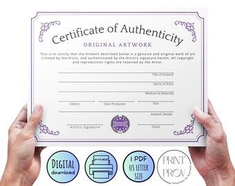 Printable * Certificate of Authenticity for Original Artwork - US Letter Size – purple, write-in template, instant download (COA60623)