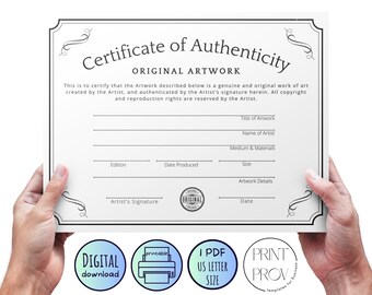 Printable * Certificate of Authenticity for Original Artwork - US Letter Size – write-in template, digital download, black (COA70623)