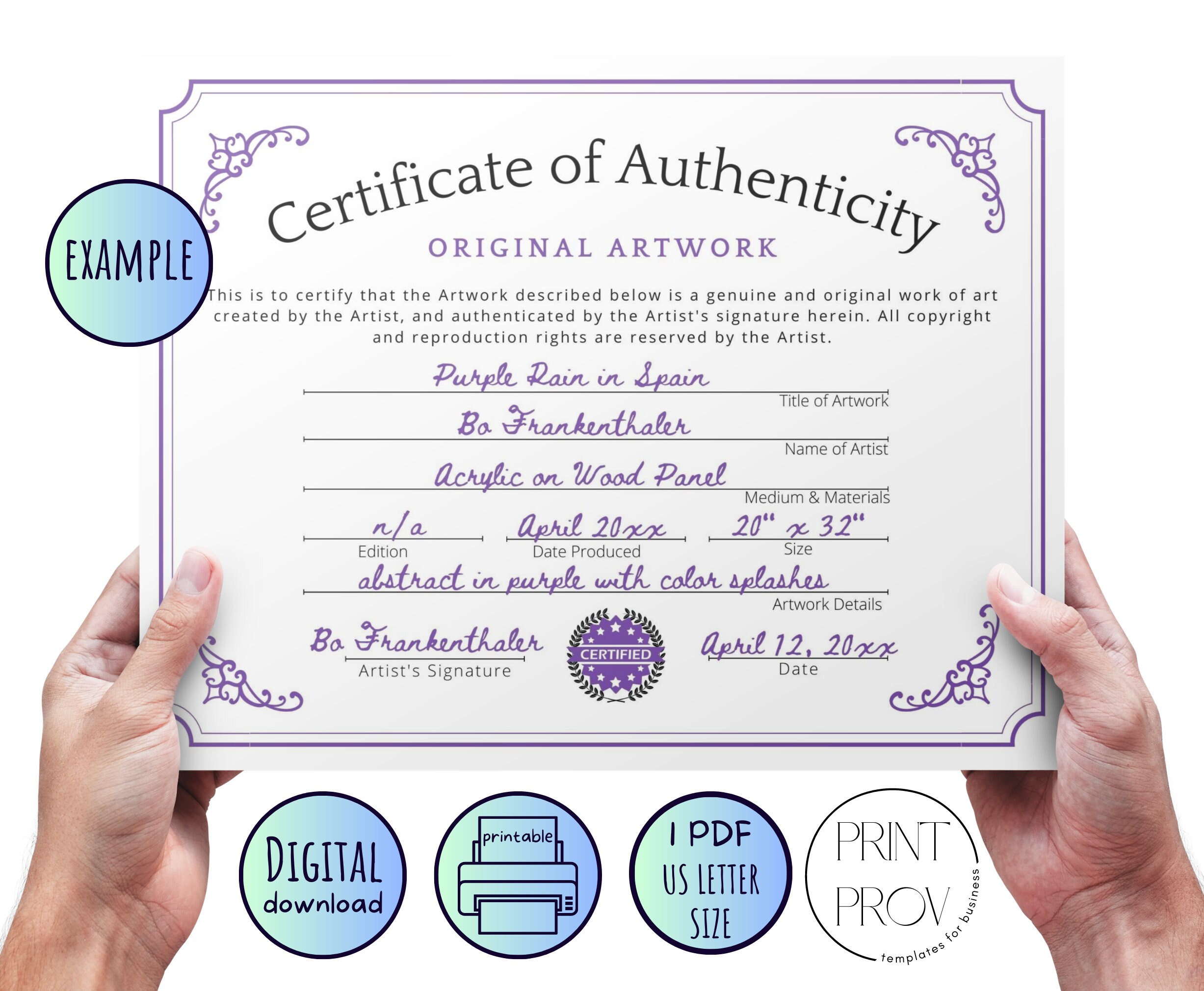 Printable * Certificate of Authenticity for Original Artwork - US ...