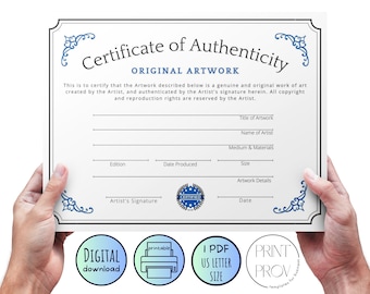 Printable * Certificate of Authenticity for Original Artwork - US Letter Size – write-in template, instant digital download, blue (COA20623)