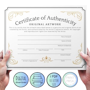 Imprimible * Certificado de autenticidad de la obra de arte original, tamaño carta de EE. UU., plantilla para escribir, descarga instantánea, amarillo (COA10623)