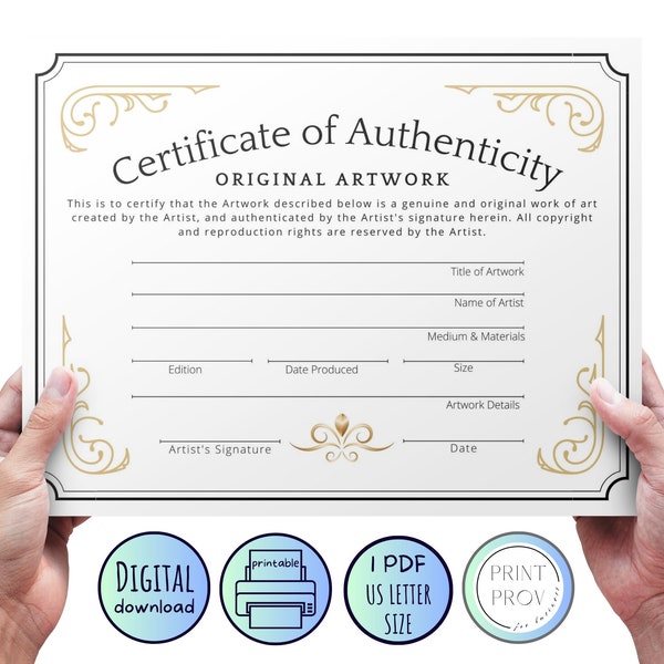 Imprimable * Certificat d'authenticité pour les oeuvres d'art originales - Format lettre US - modèle de saisie, téléchargement immédiat, jaune (COA10623)