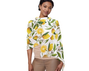 Lemon print (white background) Lightweight Scarf, pashmina, 27"x73"