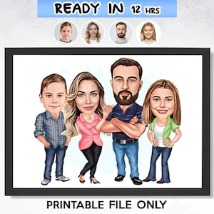 Retrato familiar personalizado en caricatura, regalo familiar divertido, caricatura familiar, caricatura a partir de una foto, dibujo de caricatura de una familia de cuatro