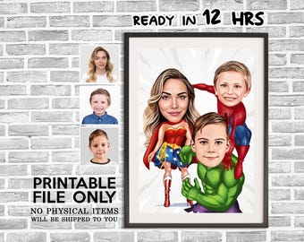 Custom Super Mom and Two Son Cartoon Portrait, Superhero Caricature, Mom&#39;s Gift, Super Mom Caricature, Superhero Kids Cartoon