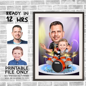 Benutzerdefiniertes Vater- und Sohn-Karikaturporträt, Schlagzeuger-Karikatur, Geschenk des Vaters, Schlagzeuger-Vater- und Sohnkarikatur, Schlagzeugerzeichnung, Vatertagsgeschenk