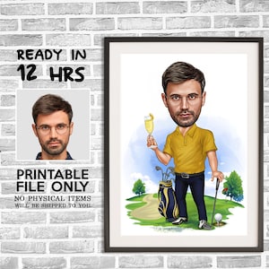 Caricatura di golfista da foto, caricatura di golfista, ritratto digitale, regalo di golfista, regalo di golfista per uomo, ritratto digitale divertente di golfista