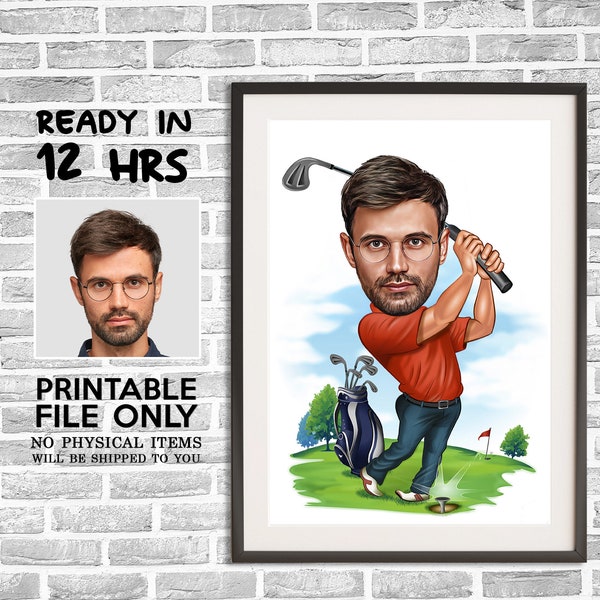 Golferkarikatuur van foto, golferkarikatuur, digitaal portret, golfercadeau, mannengolfcadeau