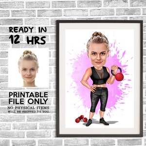 Personalisierte Frau Fitness Cartoon Portrait, Gewichtheber Karikatur, digitales Porträt, lustiges Fitness Geschenk, Fitness Cartoon