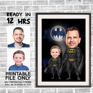 Benutzerdefinierte Super Dad und Kind Cartoon Portrait, Superheld Karikatur, Papas Geschenk, Super Dad Karikatur, Superheld Zeichnung, Super Dad Portrait