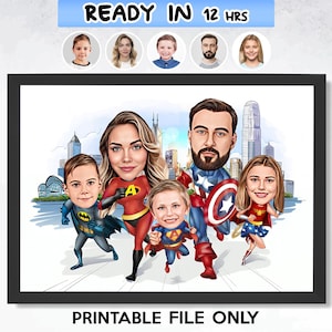 Custom Superhero Family Cartoon Portrait, Funny Family Gift, Family Caricature, Caricature from Photo, Superhero Family Cartoon Drawing