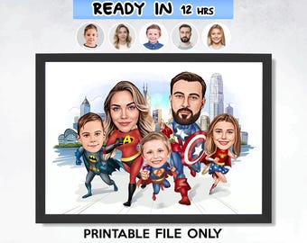 Custom Superhero Family Cartoon Portrait, Funny Family Gift, Family Caricature, Caricature from Photo, Superhero Family Cartoon Drawing