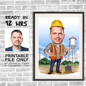 May include: A digital caricature of a construction worker wearing a yellow hard hat, orange safety vest, and blue jeans. He is holding a shovel and smiling. The background is a cartoon landscape with a water tower.