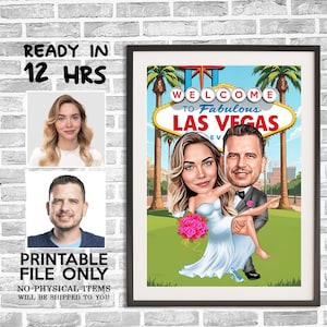 ラスベガスのカップルの結婚式の似顔絵、ラスベガスの漫画、カップルへの贈り物、写真からの結婚式の似顔絵、ラスベガスの結婚式の似顔絵